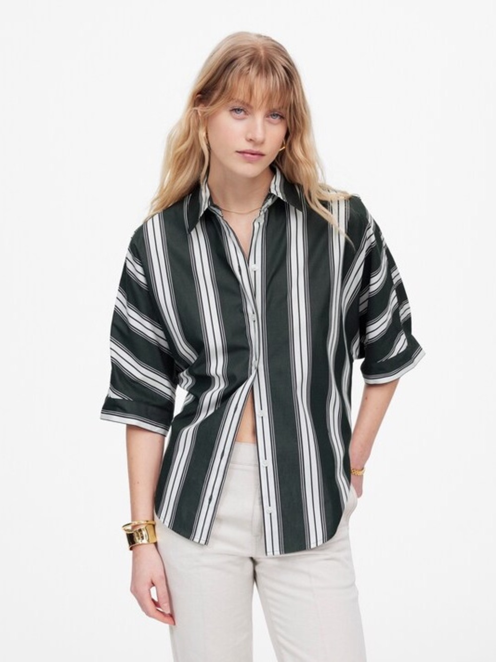 Madewell Women's Oversized Striped Pleated Sleeve Button-Up Shirt Summit Green